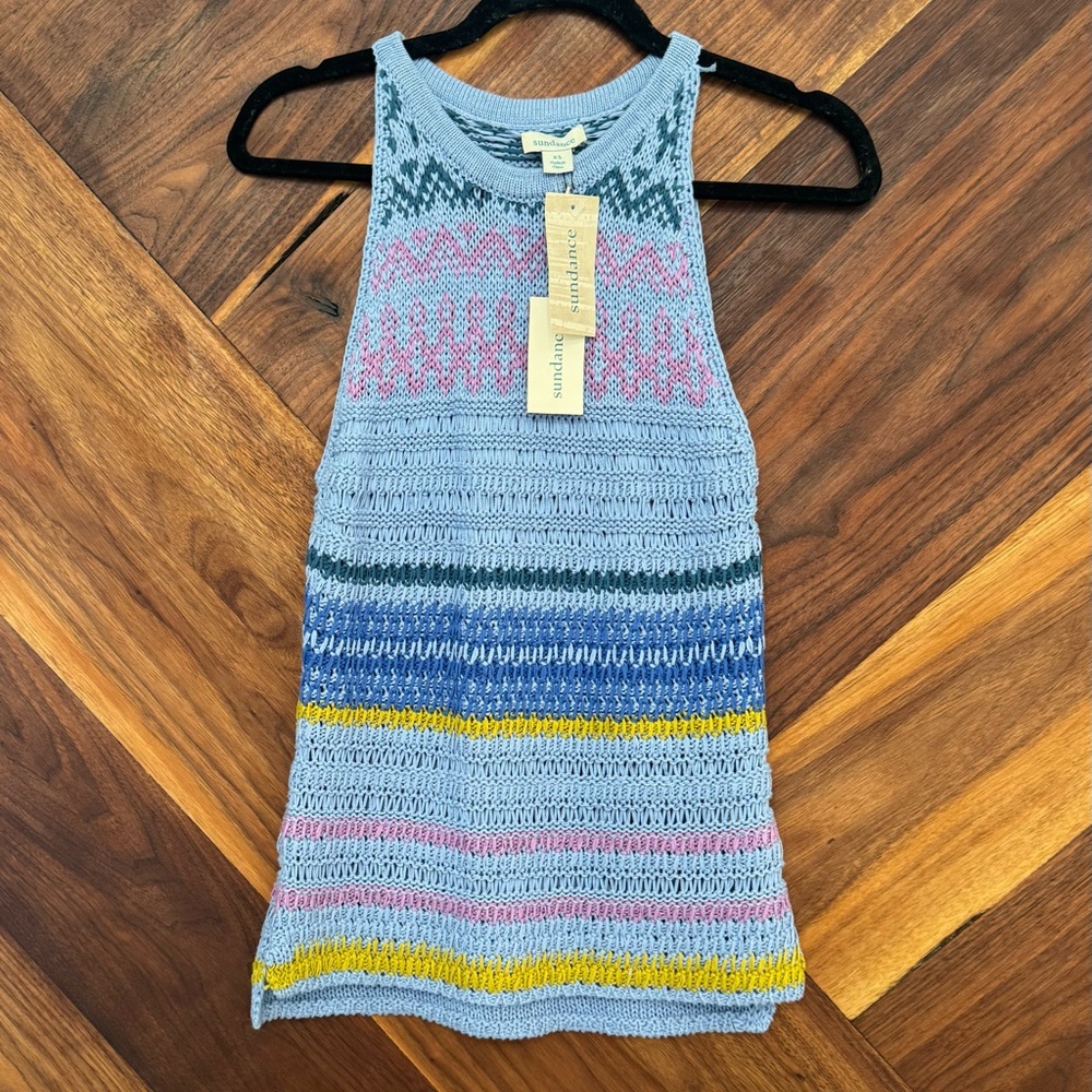 Sundance NWT knit sleeveless sweater crochet and Fair Isle, Size XS DISCONTINUED